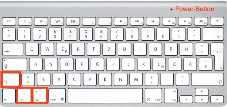 Clavier Apple avec les touches Maj, Contrôle et Option surlignées en rouge et mention Power-Button