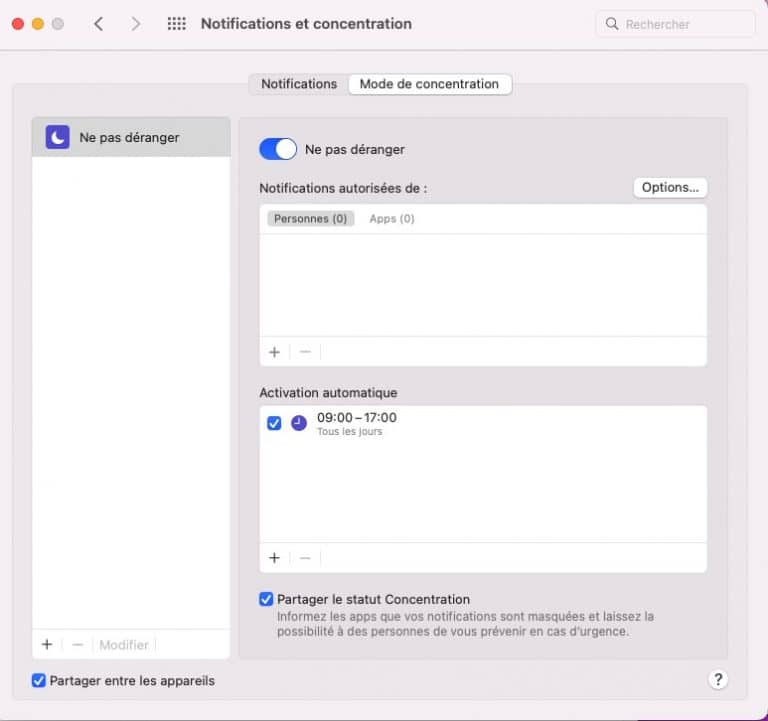 Capture des réglages Notifications et concentration de macOS, mode Ne pas déranger activé