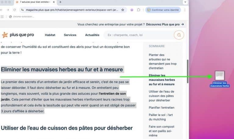 Capture d'un texte de page web glissé vers le bureau pour créer une coupure