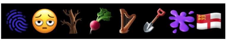 Huit nouveaux emojis alignés : empreinte, visage fatigué, arbre, radis, harpe, pelle, tache et drapeau
