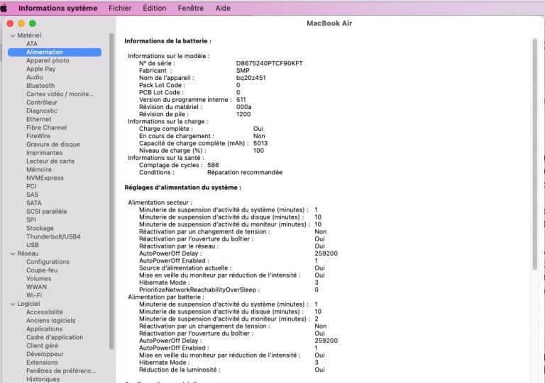 Capture du rapport système macOS : informations sur la batterie et sur l'alimentation