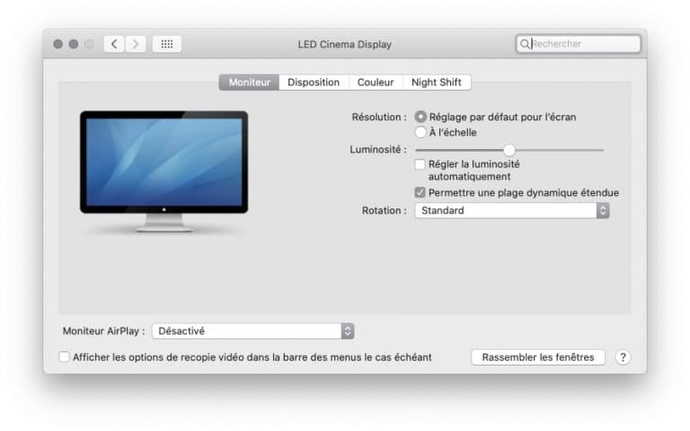 Capture des réglages d'un moniteur externe dans les Préférences Système du Mac