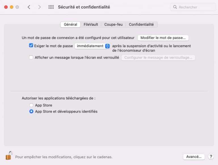 Capture de Sécurité et confidentialité sur Mac, autorisation des apps de l'App Store et développeurs identifiés