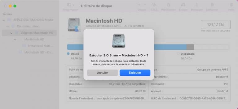 Capture de l'Utilitaire de disque proposant de lancer les premiers secours