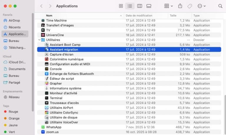 Capture du Finder, dossier Utilitaires, avec Assistant migration sélectionné
