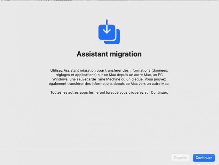 Capture de l'écran d'introduction de l'Assistant migration de macOS