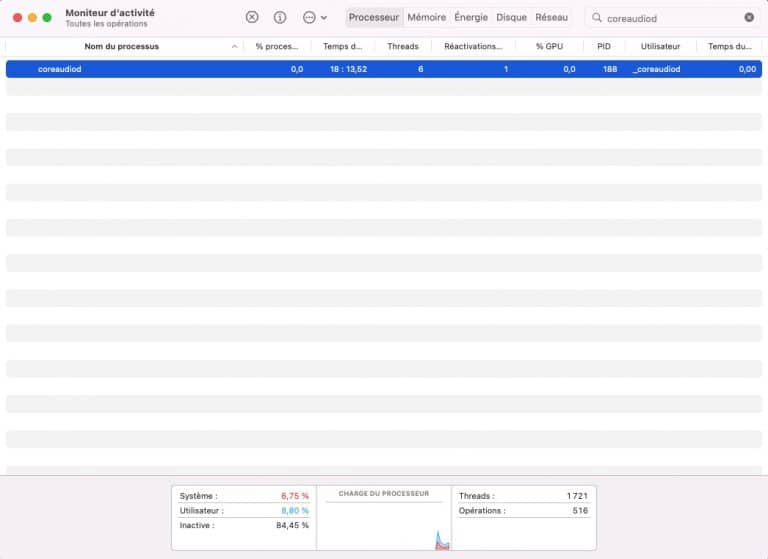 Capture du Moniteur d'activité avec le processus coreaudiod sélectionné