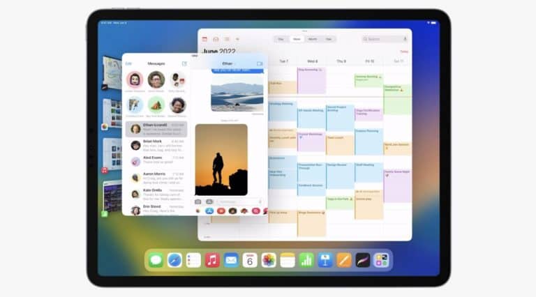 iPad affichant Stage Manager avec plusieurs fenêtres d'applications superposées