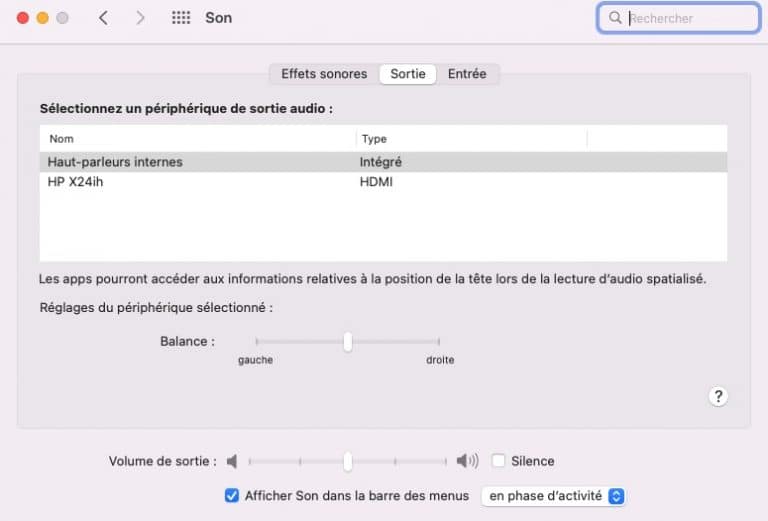 Capture des réglages Son du Mac, onglet Sortie avec le volume de sortie