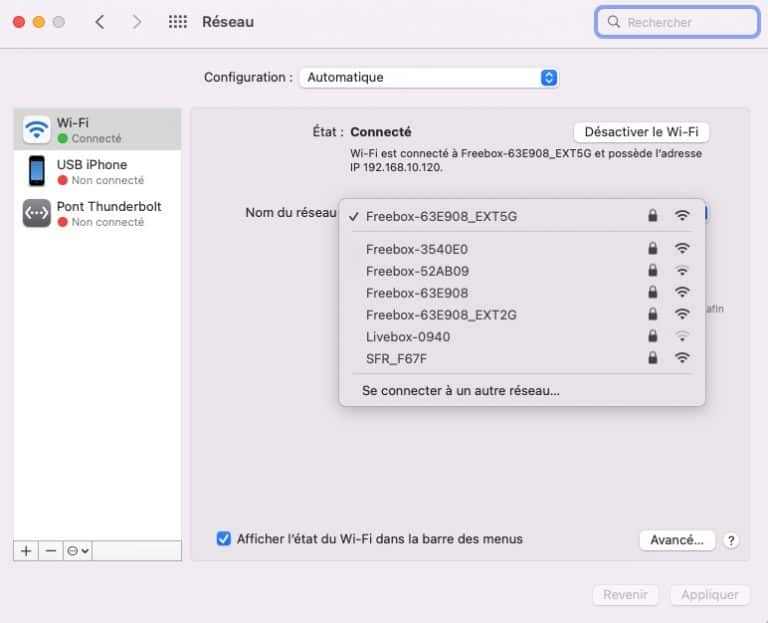Capture des réglages Réseau du Mac avec la liste des réseaux Wi-Fi disponibles
