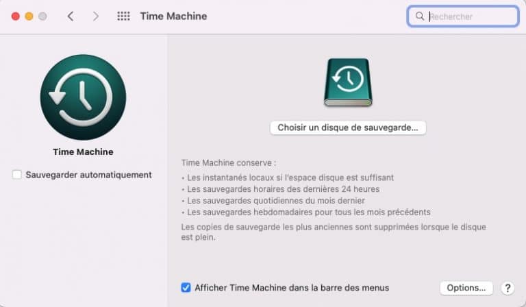 Capture de l'écran Time Machine de macOS pour choisir un disque de sauvegarde