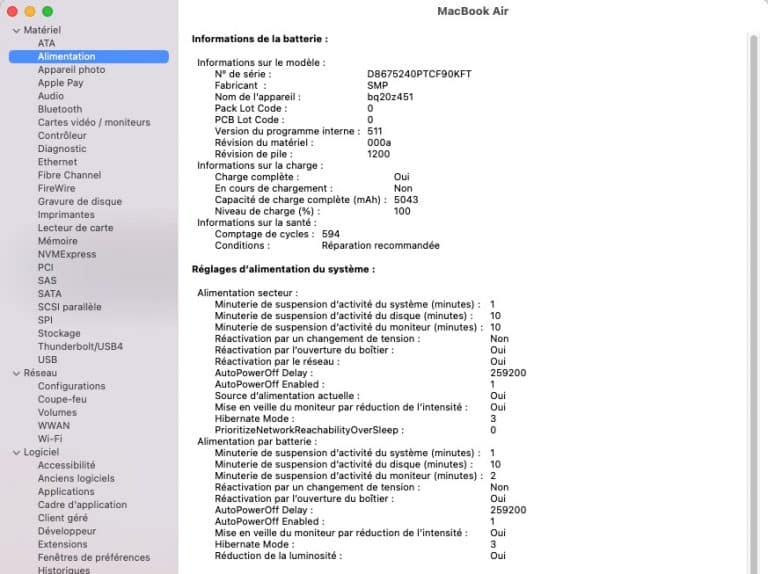 Capture du Rapport système du Mac, informations sur la batterie et son état