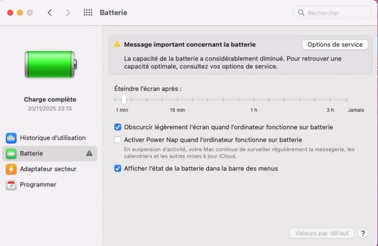 Capture des réglages Batterie du Mac avec un message important concernant la batterie