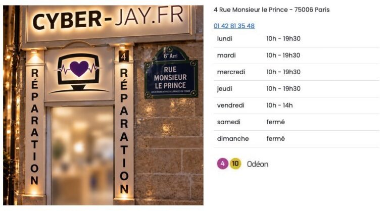 Façade de la boutique CYBER-JAY du 4 rue Monsieur-le-Prince avec horaires et accès métro