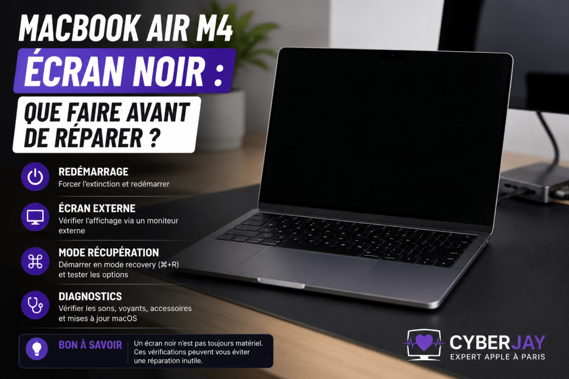 MacBook Air M4 écran noir : que faire avant de réparer ?