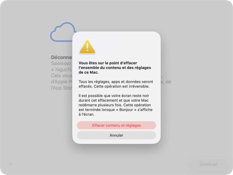 Capture de l'alerte de macOS avant d'effacer le contenu et les réglages du Mac