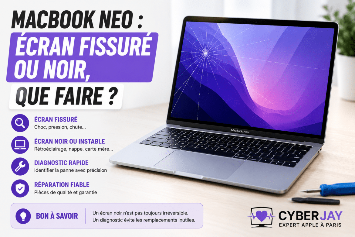 MacBook Neo : écran fissuré ou noir, que faire ?