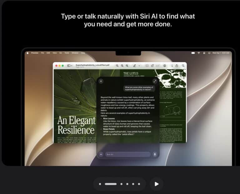 MacBook affichant Siri en dialogue avec un article ouvert dans Safari