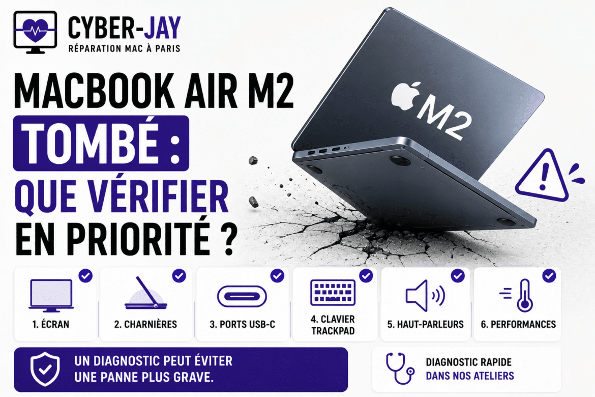 MacBook Air M2 tombé : que vérifier en priorité ?