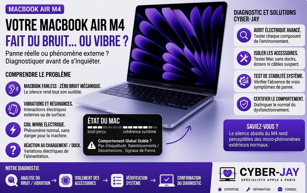 Mon MacBook Air M4 fait un bruit ou vibre : normal ou panne ?